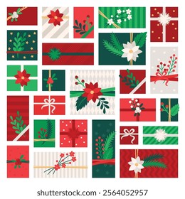 Stylized Christmas Gift Boxes with Festive Floral Accents in Red, Green, and White Patterns for Advent Calendar