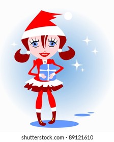 Stylized  Christmas girl with gift on a blue background.