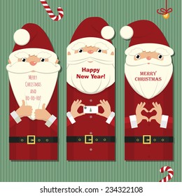 Stylized christmas illustration with three cards in the form of Santa Claus close up details