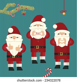 Stylized christmas illustration with three figures of Santa Clauses close up details