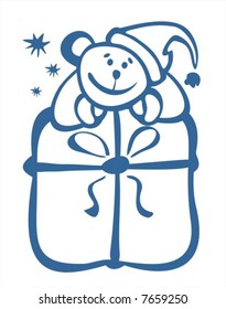 Stylized Christmas mousy and gift box on  a white background. Digital illustration.