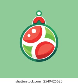 A stylized Christmas ornament in red, green, and white. The ornament is round and has a simple design with three red circles and two green arcs. The ornament is on a solid green background.