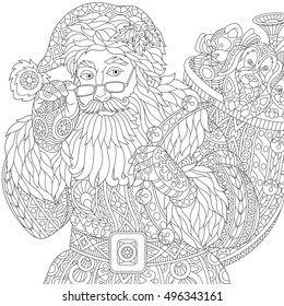 Stylized christmas Santa Claus holding bag full of gift toys. Freehand sketch for adult anti stress coloring book page with doodle and zentangle elements.