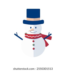 Stylized Christmas snowman character wearing stovepipe hat and red scarf. Modern geometric Christmas flat design. Holiday theme clip art.