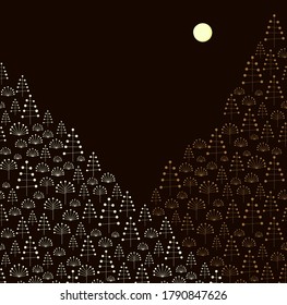 Stylized christmas spruce trees, night forest, starry night, moon