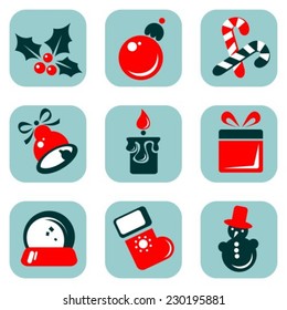 Stylized Christmas symbols set on a blue background.