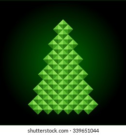 Stylized Christmas tree 3D pixels on dark background. Vector illustration.