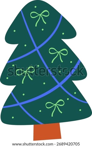 A stylized Christmas tree adorned with ribbons and bows in a flat vector style. The tree features crisscrossing lines and small decorative elements. Cartoon vector illustration.