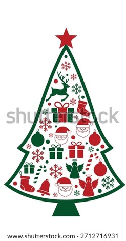 A stylized Christmas tree adorned with various festive icons including Santa Claus, reindeer, gift boxes, stockings, bells, and snowflakes.
