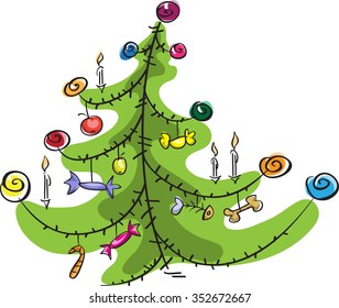 stylized Christmas tree, cartoon, isolated on white