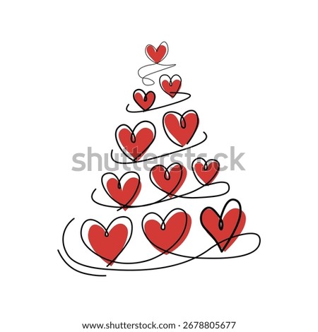 Stylized Christmas Tree Composed of Red Hearts with Swirling Line