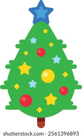 Stylized christmas tree decorated with colorful balls and stars of different colors and sizes, topped by a big blue star, bringing the christmas spirit