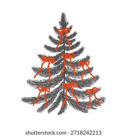 Stylized Christmas tree decorated with red ribbon bows. Festive winter illustration for holiday cards, posters, seasonal decor, wrapping paper and Christmas design.