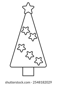 Stylized Christmas tree decorated with stars, plant for coloring or cutting - vector linear image for stencil, logo or pictogram. Outline. Christmas tree with stars