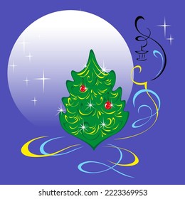 stylized Christmas tree with fir-tree branches, ornate pattern and stars. colored decor