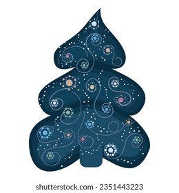 Stylized Christmas tree with garlands and snowflakes, a decorative element of the winter holidays of Christmas and New Year