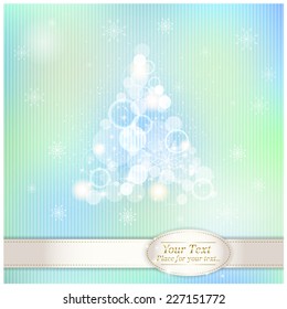 stylized Christmas tree from glare and rays on the background of snowflakes with ribbon for text