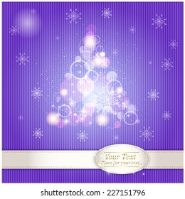 stylized Christmas tree from glare and rays on the background of snowflakes with ribbon for text