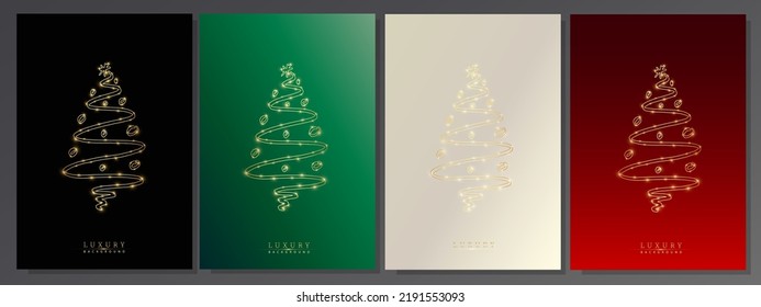 Stylized Christmas tree with glows of light. Gold tree symbol on elegant black, green, platinum and red background. Set of minimal holiday brochures.