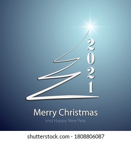Stylized Christmas tree greetings on blue isolated background. Creative white fir logo 2021 postcard template. Vector abstract illustration image