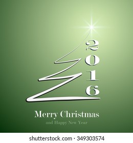 Stylized Christmas tree greetings on green isolated background. Creative fir logo 2016 postcard template. Vector abstract illustration EPS10