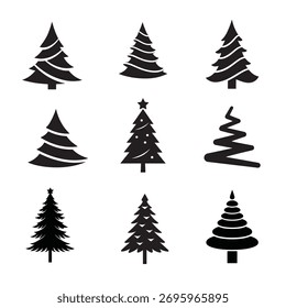 Stylized Christmas Tree Icon Set. Silhouette and Decorative Variations