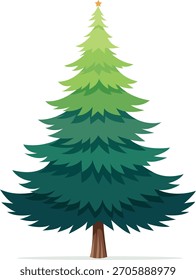 Ilustración estilizada del árbol de Navidad con el follaje verde degradado y una estrella dorada en la parte superior, aislado en blanco.