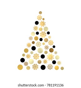 Stylized Christmas tree isolated on white background with gold and black circles and snowflakes. Stylish Xmas card with golden balls. Seasons greetings vector card. Font illustration.