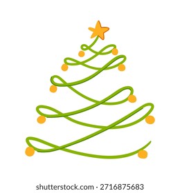 Dibujo estilizado de la línea del árbol de Navidad con contorno verde, adornos naranjas y una estrella, ilustración de vacaciones minimalista perfecta para tarjetas, invitaciones, gráficos de temporada y diseño festivo