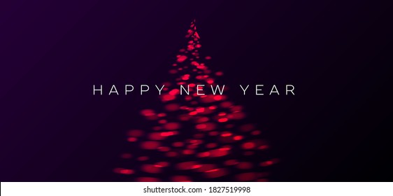 stylized Christmas tree made of blured red lights, modern digital festive banner with happy new year copy on dark backdrop