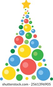 Stylized christmas tree made of colorful bubbles with a yellow star on top, creating a festive and modern holiday greeting card on white background