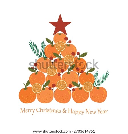 A stylized Christmas tree made of oranges, decorated with berries and orange slices.