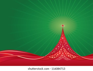 Stylized Christmas Tree Made Of Stars With Elegant Swish Over Red Background.