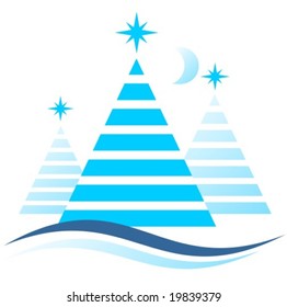 Stylized christmas tree and moon on a sky background.