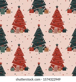 Stylized Christmas tree. New Year abstract seamless pattern. Wallpaper, print, wrapping paper, modern textile design, banner, paper, poster. Vector illustration.