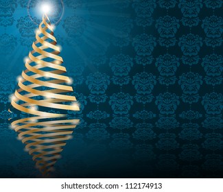 stylized Christmas tree on decorative damask background