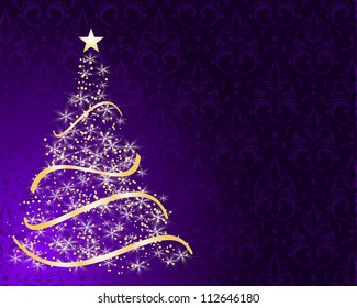 stylized Christmas tree on decorative damask background