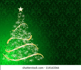 stylized Christmas tree on decorative damask background