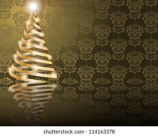 stylized Christmas tree on decorative damask background