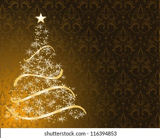 Stylized Christmas Tree On Decorative Damask Background