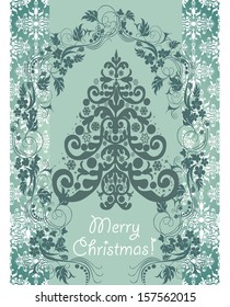 stylized Christmas tree on decorative vintage damask background