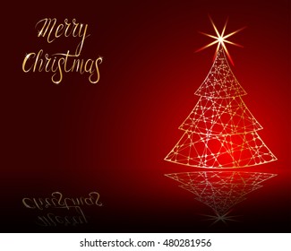 stylized Christmas tree on decorative background.  Merry Christmas lettering text for internet sites, gift cards, flyers and presentations. Vector illustration.