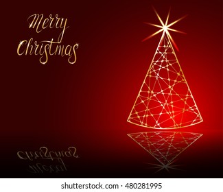 stylized Christmas tree on decorative background.  Merry Christmas lettering text for internet sites, gift cards, flyers and presentations. Vector illustration.