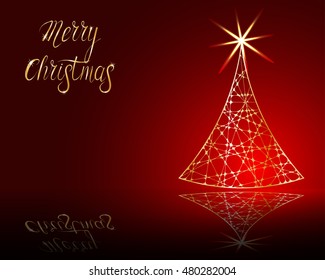 stylized Christmas tree on decorative background.  Merry Christmas lettering text for internet sites, gift cards, flyers and presentations. Vector illustration.