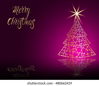 stylized Christmas tree on decorative background. Merry Christmas lettering text for internet sites, gift cards, flyers and presentations. Vector illustration.