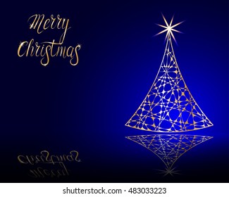 stylized Christmas tree on decorative background. Merry Christmas lettering text for internet sites, gift cards, flyers and presentations. Vector illustration.