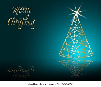 stylized Christmas tree on decorative background. Merry Christmas lettering text for internet sites, gift cards, flyers and presentations. Vector illustration
