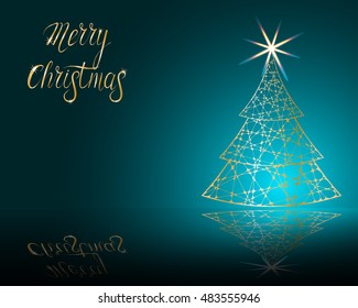 stylized Christmas tree on decorative background. Merry Christmas lettering text for internet sites, gift cards, flyers and presentations. Vector illustration