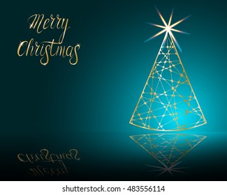 stylized Christmas tree on decorative background. Merry Christmas lettering text for internet sites, gift cards, flyers and presentations. Vector illustration