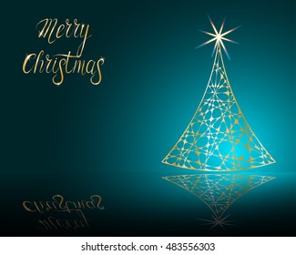 stylized Christmas tree on decorative background. Merry Christmas lettering text for internet sites, gift cards, flyers and presentations. Vector illustration